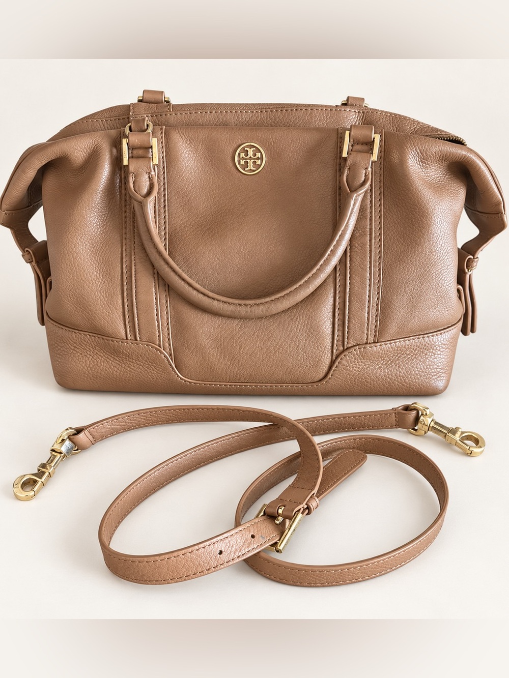 Tory Burch Camel Leather Satchel with Removable Strap and dust bag